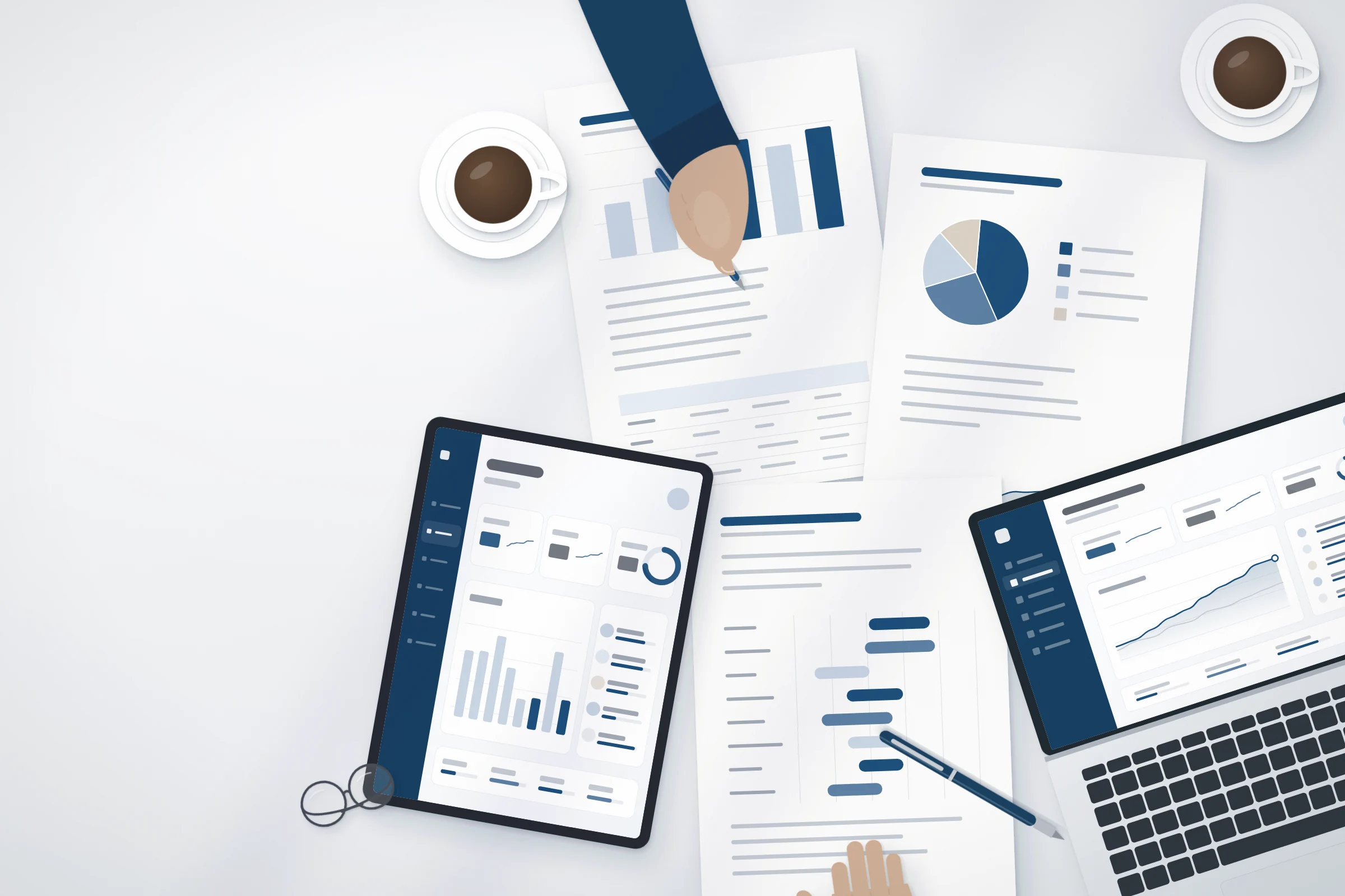 Ilustración de una mesa de trabajo institucional con informes, gráficos y dispositivos que muestran reportes académicos.