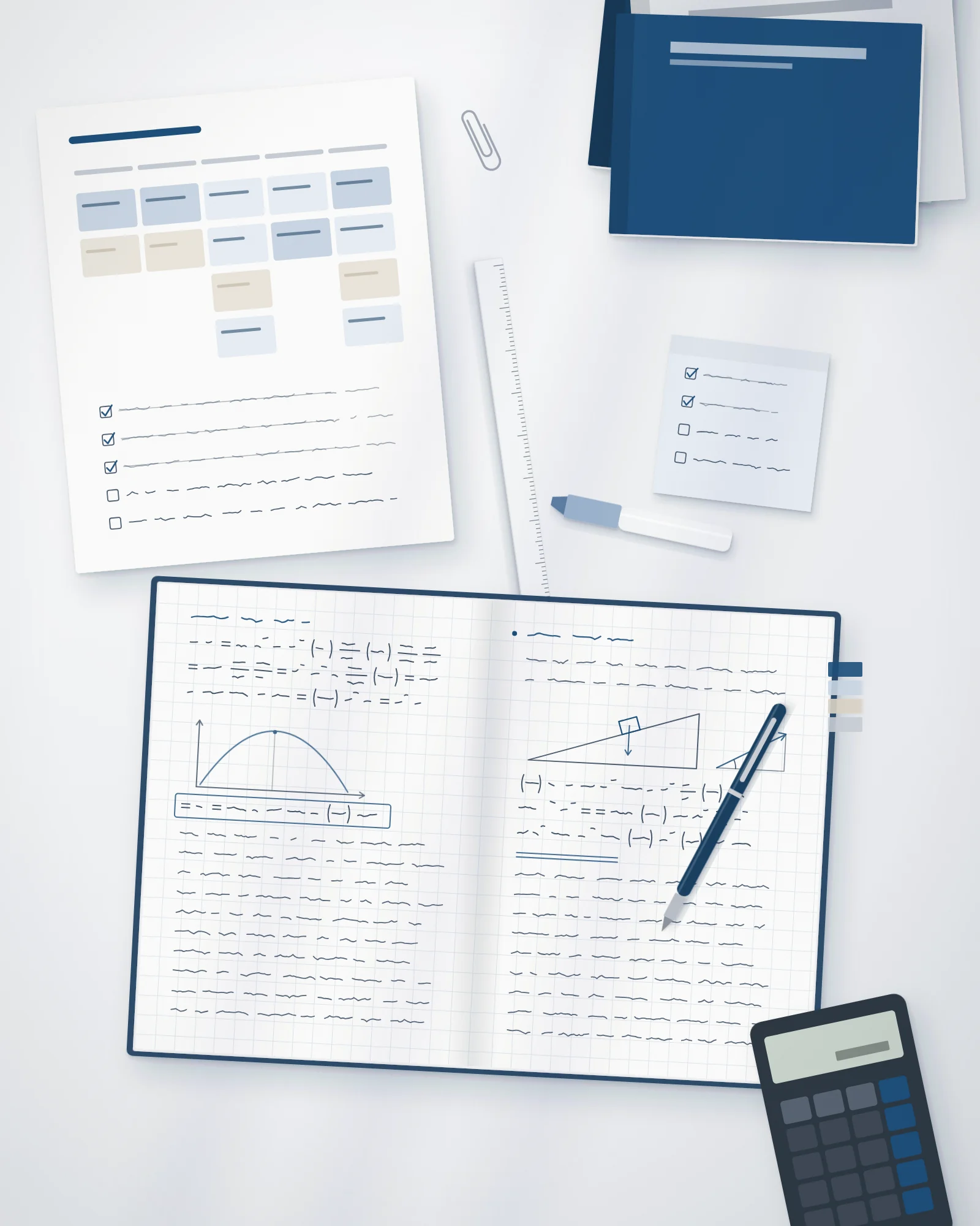 Ilustración de materiales de preparación académica: cuaderno con ejercicios de matemática, planificación de estudio y calculadora.
